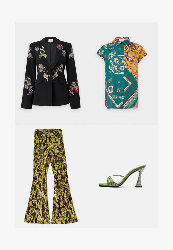 Sort blazer med broderede blomsterpatroner i sølv. Fremhæver farverige brocher, herunder grønne, blå og røde, der pryder reversen.; Kortærmet skjorte med knapper foran i grønne og gule paisley- og geometriske lapper på en hvid baggrund.; AKNVAS EXCLUSIVE LENNON BEADED PANT - Bukser - ink citrine; Grønne satin åben tå sandal med krydsspunne stropper, pyntet med rhinsten. Har en høj, arkitektonisk hæl med en struktureret overflade.