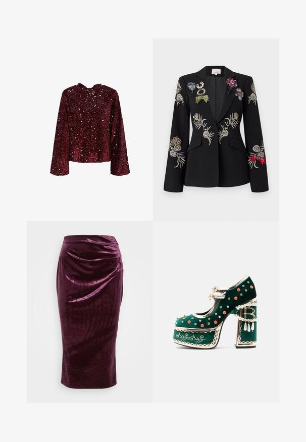 Zwarte blazer met geborduurde bloemenpatronen in zilver. Voorzien van kleurrijke broches, waaronder groen, blauw en rood, die de revers sieren.; Bordeaux sequin top met lange mouwen, ronde halslijn en een satijnen strikdetail op de rug. Glanzende textuur met overal pailletten.; Bordeaux fluwelen kokerrok met een gedrapeerd ontwerp en een soepele textuur; heeft een hoge taille en een taps toelopend silhouet, eindigend op kniehoogte.; Groene fluwelen platformschoen met decoratieve rode en zilveren studs, parelriemen, gouden biezen, borduurwerk en een blokhak met hangende parels en een "B" bedel.