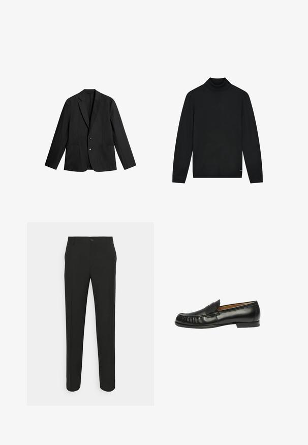 Sort blazer lavet af glat stof med klapkrave, to forv pockets og lukning med to knapper. Enkel, skræddersyet design.; Sort turtleneck sweater lavet af blødt materiale, med lange ærmer og en tætsiddende krave. Minimalistisk design uden synlige mønstre.; Sorte skræddersyede bukser med lige snit, der har en enkelt knaplukning og bæltestropper. Glat, mat stof uden mønstre.; Scarosso FRED - Loafers - black calf