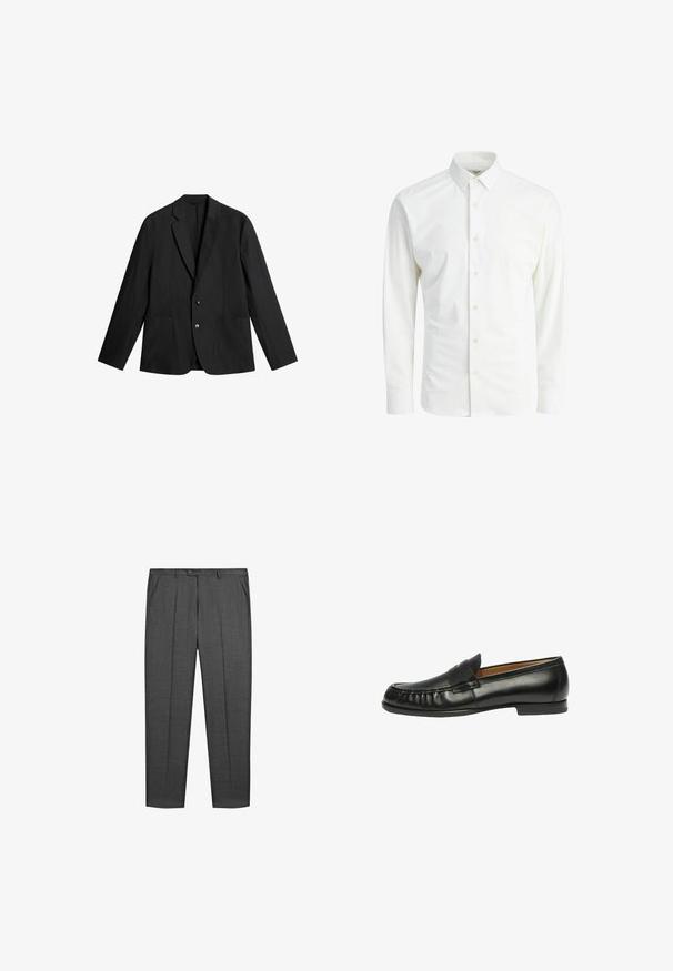Zwarte blazer van gladde stof, met een geknipte revers, twee voorzakken en een sluiting met twee knopen. Eenvoudig, op maat gemaakt ontwerp.; Lichtgewicht witte blouse met lange mouwen van soepel stof, met een klassieke kraag, knoopsluiting en standaard manchetten. Geen patronen of accenten.; Donkergrijze formele broek met frontrimpels, zijzakken, riemlussen en een knoopsluiting in het tailleband.; Scarosso FRED - Instappers - black calf