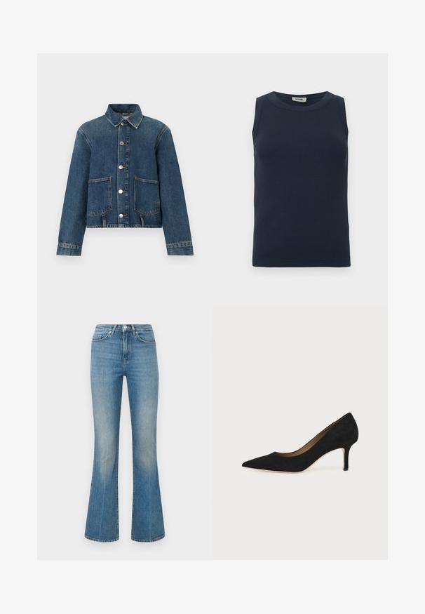 Denimjakke med lange ærmer, knaplukning foran, to store forlommer og en klassisk krave i medium blå vask.; Mørkeblå, ærmeløs top lavet af ribstrikket stof. Har rund halsudskæring og tætsiddende design uden yderligere detaljer eller mønstre.; Lys blå flagrende jeans lavet af denim. Indeholder en talje med en knap og et falmet vask, der snævrer ind til en bred kant ved anklerne.; Sort ruskind spids tå højhælet pumpe med en slank mellemhøj stilethæl og et lavt snit på en ensfarvet baggrund.