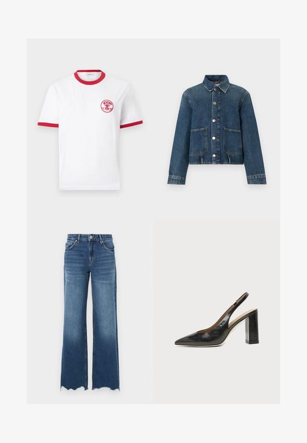 Veste en denim à manches longues, fermeture à boutons, deux grandes poches avant et col classique en lavage bleu moyen.; T-shirt blanc à manches courtes avec col et bordures de manches rouges, avec un petit logo circulaire rouge "JOOP! Jeans" sur la poitrine gauche.; Jean flare en denim bleu moyen, avec un ourlet effiloché, cinq poches et une fermeture avant à boutons.; Chaussure slingback en cuir noir à bout pointu avec un talon bloc haut et une doublure intérieure beige sur un fond clair uni.