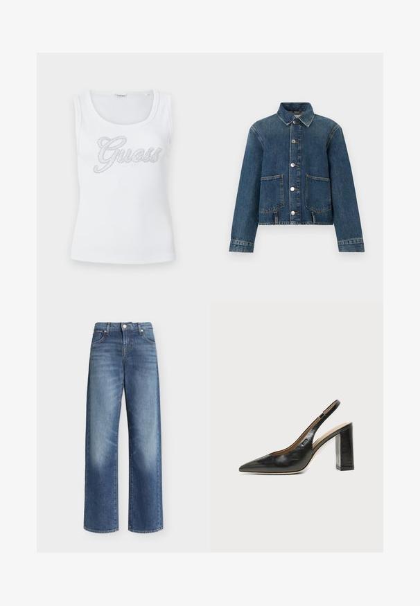 Veste en denim à manches longues, fermeture à boutons, deux grandes poches avant et col classique en lavage bleu moyen.; Haut blanc sans manches en tissu côtelé avec encolure dégagée et logo décoratif "Guess" composé de petites perles argentées sur la poitrine.; Jean bleu à jambes larges avec taille haute, fermeture à bouton et zip, poches avant et arrière, et détails légèrement délavés sur les cuisses.; Chaussure slingback en cuir noir à bout pointu avec un talon bloc haut et une doublure intérieure beige sur un fond clair uni.