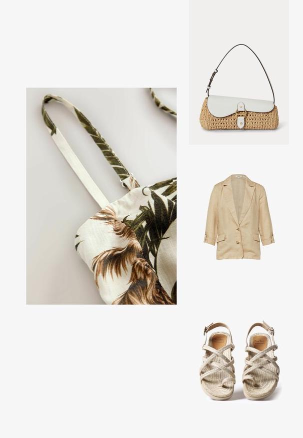 Beige linnen blazer met reverskraag, twee knopen aan de voorkant, 3/4 mouwen met knoopbandjes en twee klepzakken.; Tas van stof met bloemenpatroon en ontwerp van groene en bruine bladeren. Voorzien van dunne bandjes en lichtbeige achtergrond met zachte textuur.; Beige geweven sandalen met kruisbandontwerp, gemaakt van gestructureerde natuurlijke vezels, met een platte zool en een verstelbare enkelriem.; Gevlochten strohandtas met witte leren klep, gouden gesp en verstelbare donkerbruine schouderband op een witte achtergrond.