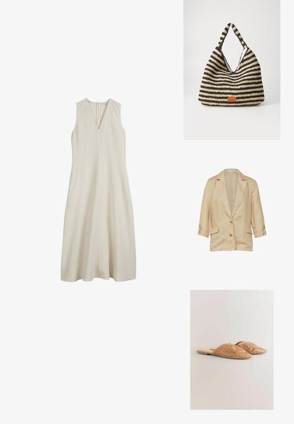 Beige linnen blazer met reverskraag, twee knopen aan de voorkant, 3/4 mouwen met knoopbandjes en twee klepzakken.; Mouwloze beige jurk met een V-hals, gemaakt van lichte linnen. Bevat een rits aan de achterkant en heeft een ontspannen, vloeiende silhout. ; Geweven leren slidesandalen in lichtbruin, met een oversized geweven bovenkant en een platte zool. De spitse neus zorgt voor een strakke uitstraling.; Gestreepte geweven tas in zwart en beige, met een slouchy ontwerp, gestructureerd oppervlak en een klein leren accentpatch.