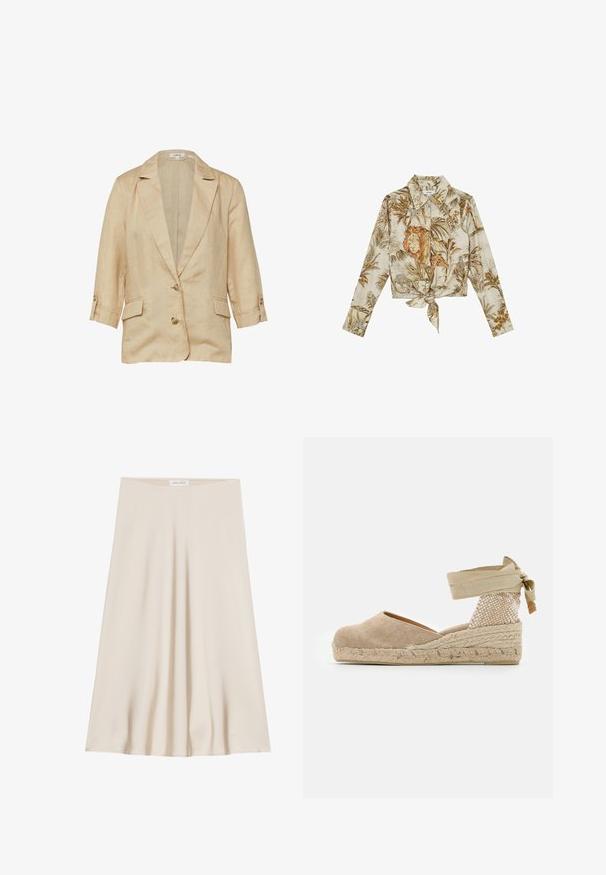 Blazer en lin beige avec col à revers, deux boutons devant, manches 3/4 avec pattes de boutonnage et deux poches à rabat.; Chemise beige à manches longues, boutonnée et nouée à l'avant, ornée d'un imprimé tropical détaillé de lion, girafe, léopard et feuilles de palmier dans des tons marron.; Une jupe crème, à longueur de genoux, fabriquée en tissu lisse avec un design évasé et une large taille. Pas de motifs ou d'ornements présents.; Espadrille beige avec une tige en toile, un talon texturé tissé et une semelle en jute tressé ; dispose d'une bride à la cheville pour un maintien sécurisé.