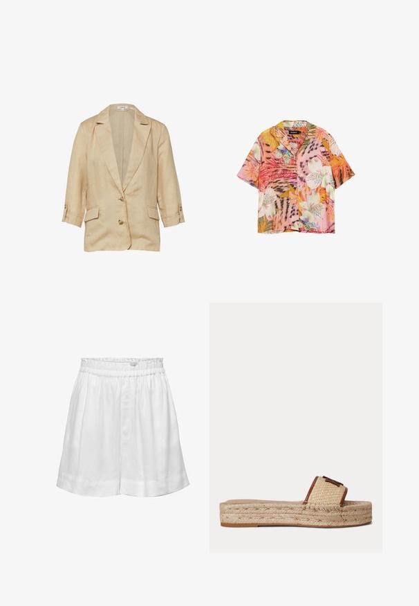 Beige linnen blazer met reverskraag, twee knopen aan de voorkant, 3/4 mouwen met knoopbandjes en twee klepzakken.; Korte mouwen overhemd met levendige tropische bloemen- en bladerenpatronen in roze, oranje, wit en groene tinten.; Witte linnen shorts met een elastische tailleband en een ontspannen fit. Voorzien van een gladde textuur en omgeslagen zoom voor extra detail.; Beige geweven slip-on sandaal met dikke gevlochten plateauzool en bruine leren afwerking op het bandje tegen een effen achtergrond.
