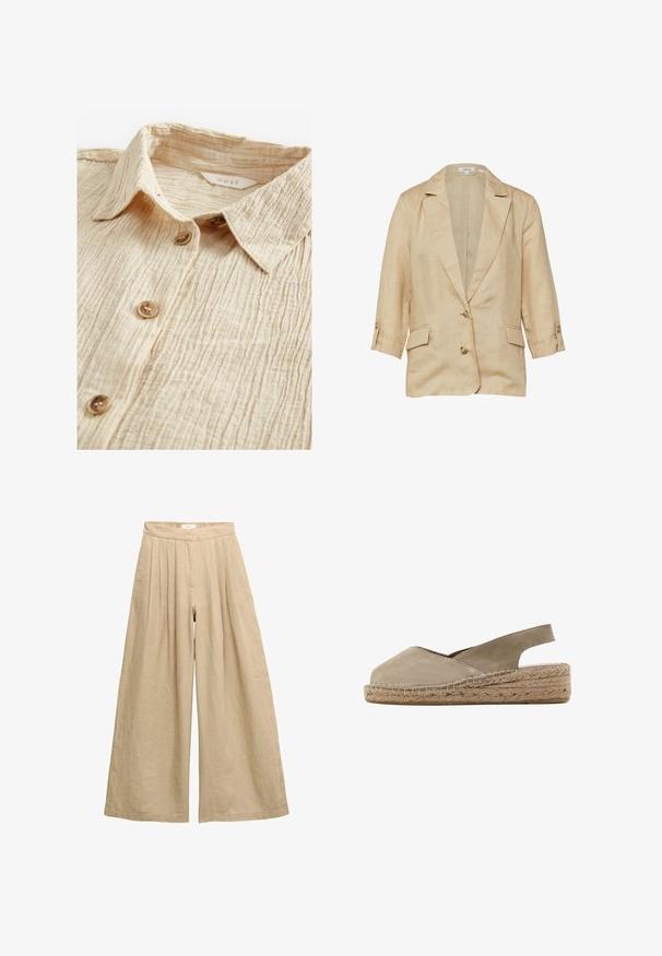 Blazer en lin beige avec col à revers, deux boutons devant, manches 3/4 avec pattes de boutonnage et deux poches à rabat.; Chemise beige à boutonner avec un tissu texturé et froissé. Dispose d'un col et de cinq boutons marron sur le devant. Étiquette visible à l'intérieur.; Pantalon en lin beige taille haute à jambes larges avec plis à la taille et fermeture avant cachée.; Sandale espadrille en suède beige avec talon ouvert, bout fermé, semelle plateforme en jute tissé et bride arrière.