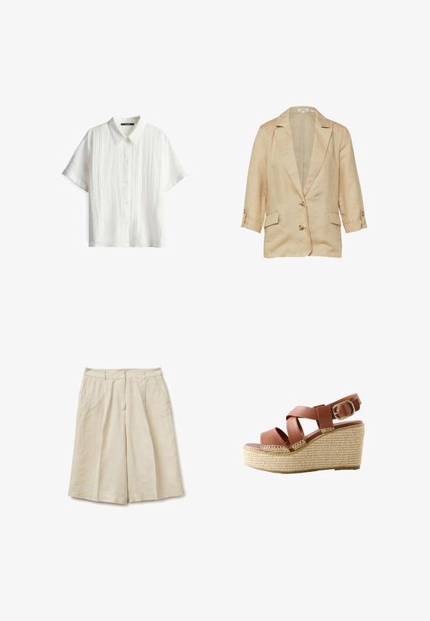 Beige linnen blazer met reverskraag, twee knopen aan de voorkant, 3/4 mouwen met knoopbandjes en twee klepzakken.; Witte shirt met korte mouwen en een gestructureerd patroon, met een kraag en vijf knopen. De stof heeft een lichte uitstraling.; Beige knielange wijde broekshorts met riemlussen, zijzakken en een ritssluiting aan de voorkant op een witte achtergrond.; Bruine leren sleehaksandaal met gekruiste bandjes, gouden gesp en geweven beige plateauzool.