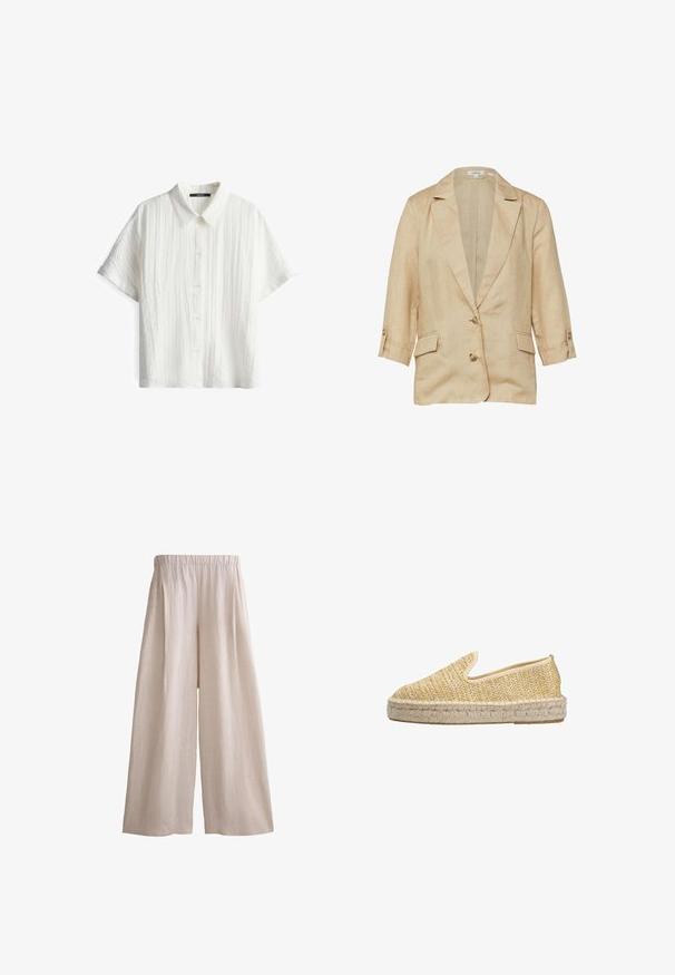 Beige linnen blazer met reverskraag, twee knopen aan de voorkant, 3/4 mouwen met knoopbandjes en twee klepzakken.; Witte shirt met korte mouwen en een gestructureerd patroon, met een kraag en vijf knopen. De stof heeft een lichte uitstraling.; Beige wijde broek met elastische tailleband, gemaakt van lichtgewicht stof, plat gelegd op een witte achtergrond.; Geweven espadrille instapschoen van natuurlijke vezels, met een geel-beige kleur, ronde neus en een touwachtige jute zool.
