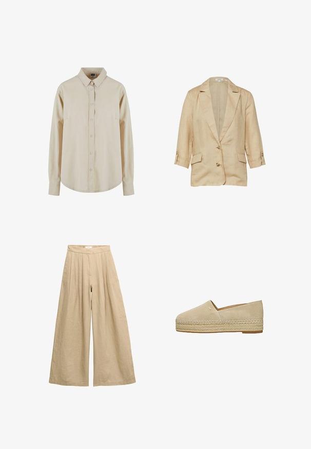 Blazer en lin beige avec col à revers, deux boutons devant, manches 3/4 avec pattes de boutonnage et deux poches à rabat.; Chemise beige à manches longues en coton, avec un devant à boutons, un col pointu et une poche poitrine unique. Texture douce, coupe décontractée.; Pantalon en lin beige taille haute à jambes larges avec plis à la taille et fermeture avant cachée.; Espadrille beige en daim à enfiler avec semelle plateforme en jute tressé et petit logo métallique sur le côté supérieur.