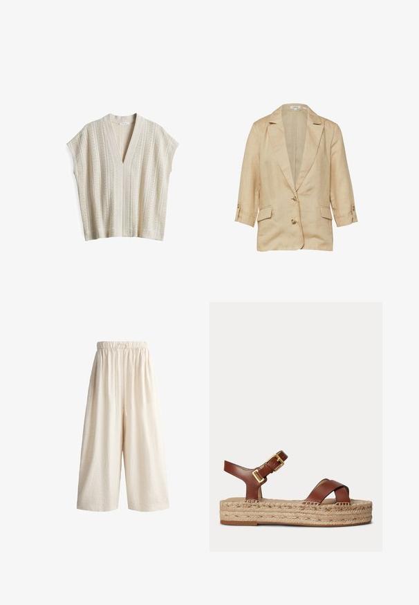 Beige linnen blazer met reverskraag, twee knopen aan de voorkant, 3/4 mouwen met knoopbandjes en twee klepzakken.; Lichtbeige gebreid top met V-hals, korte mouwen en verticale streeptekstuur. Heeft een open weefstructuur en ribbelaccenten.; Losse, wijde beige linnen broek met elastische tailleband en koordje aan de voorkant, cropped lengte, geen zichtbare zakken of patronen.; Bruine lederen sandaal met verstelbare gouden gespsluiting en gevlochten jute plateauzool tegen een effen lichte achtergrond.