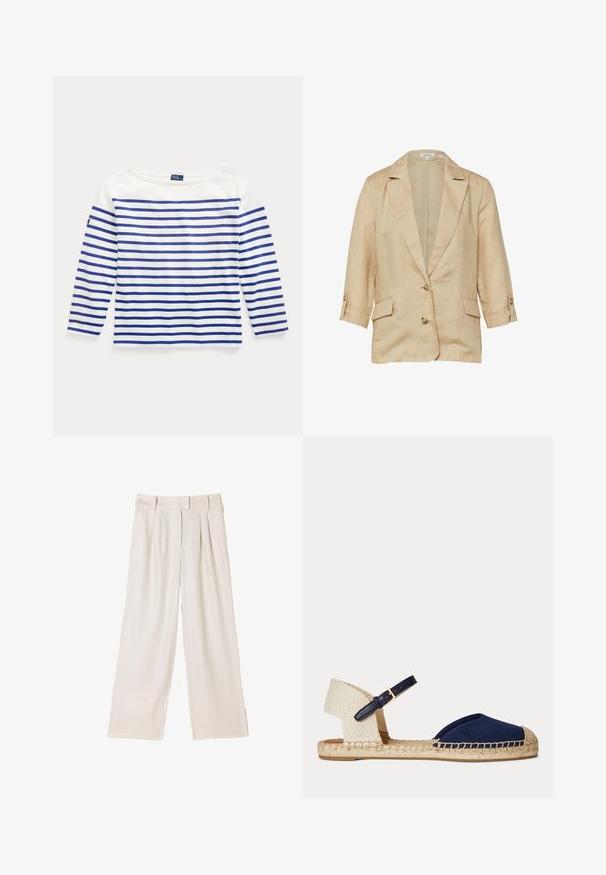 Beiger Leinenblazer mit Reverskragen, zwei vorderen Knöpfen, 3/4-Ärmeln mit Knopfmanschetten und zwei Klappentaschen.; Langarmshirt aus weißer Baumwolle mit horizontalen blauen Streifen. Verfügt über einen Bootsausschnitt und ein kleines Logoschild am linken Ärmel.; Locker sitzende, cremefarbene Hose mit hoher Taille, vorderen Falten und weitem Bein.; Damen flache Espadrille-Sandale mit marineblauem Stoff vorne, geflochtenem beigen Absatz und schwarzem verstellbarem Knöchelriemen mit goldener Schnalle.