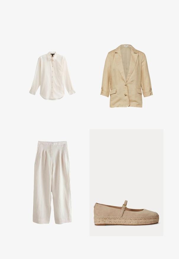 Beige linnen blazer met reverskraag, twee knopen aan de voorkant, 3/4 mouwen met knoopbandjes en twee klepzakken.; Lichtgekleurde, langmouwige blouse met knopen, voorzien van een kraag, een enkele borstzak en een zachte textuur met een licht gebogen zoom.; Lichtbeige linnenbroek met een wijde pijpdesign, featuring plooien aan de voorkant en zijzakken, wat zorgt voor een textuurafwerking.; Beige suède Mary Jane platte schoen met een geweven jute plateauzool en een kleine gouden gesp op het riempje.