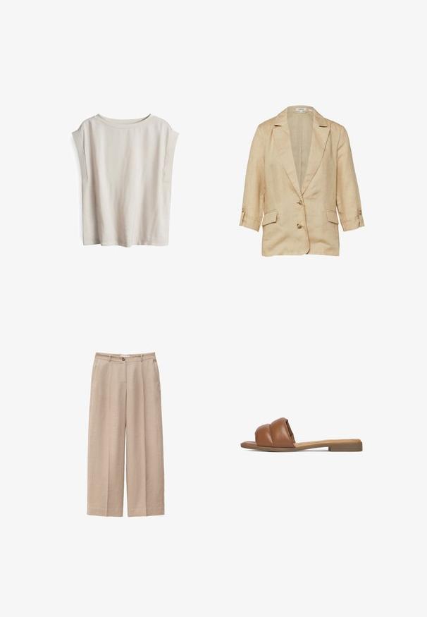 Beige linnen blazer met reverskraag, twee knopen aan de voorkant, 3/4 mouwen met knoopbandjes en twee klepzakken.; Korte mouw licht beige top, gemaakt van zachte stof, met een wijd uitsnijdende halslijn en verlaagde schoudernaden, met een relaxte pasvorm en een minimalistisch design.; Beige broek met wijde pijpen, met vooraan knoop- en ritssluiting, ceintuurlussen en zijzakken, gemaakt van gestructureerde stof.; Bruine leren slippers met een gepolsterde bovenkant, open teenontwerp, platte zool en minimale details. Lichtjes gestructureerd oppervlak.