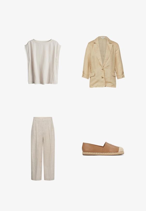 Beige linnen blazer met reverskraag, twee knopen aan de voorkant, 3/4 mouwen met knoopbandjes en twee klepzakken.; Korte mouw licht beige top, gemaakt van zachte stof, met een wijd uitsnijdende halslijn en verlaagde schoudernaden, met een relaxte pasvorm en een minimalistisch design.; Beige high-waist wijde broek met plooien aan de voorkant en riemlussen, gemaakt van een gestructureerde linnenstof.; Tan lederen instapschoen met een gevlochten jute neuskap en gevlochten zool. Glad oppervlak met een ronde vorm en minimalistische ontwerpdetails.