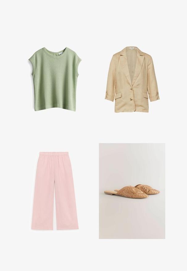 Beige linnen blazer met reverskraag, twee knopen aan de voorkant, 3/4 mouwen met knoopbandjes en twee klepzakken.; Korte mouwen, lichtgroen top gemaakt van textuurstof, met een ronde halslijn en een losse pasvorm met rechte zoom.; Lichtroze broek met wijde pijpen en een elastische tailleband, gemaakt van een zachte, gestructureerde stof, plat uitgestald op een witte achtergrond.; Geweven leren slidesandalen in lichtbruin, met een oversized geweven bovenkant en een platte zool. De spitse neus zorgt voor een strakke uitstraling.