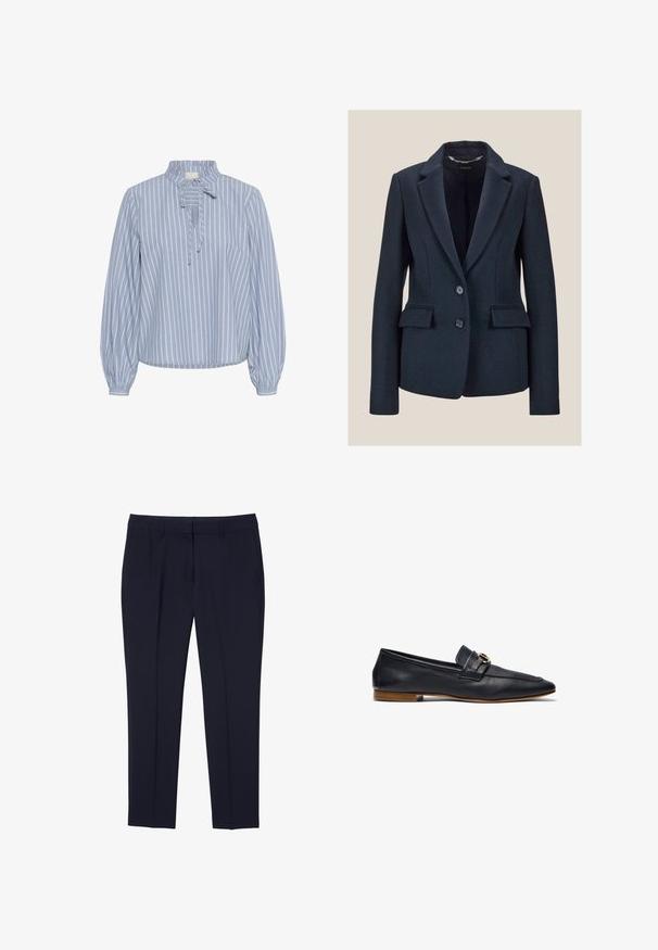 Marineblazer gemaakt van gestructureerde stof, met een gekleed kraag, twee voorzakken en twee knopen aan de voorkant.; Kaffe KAMILINA - Blouse - windward blue melange stripe; Marineblauwe op maat gemaakte broeken met een gladde textuur, plooien aan de voorkant en zijzakken. Gemaakt van een lichtgewicht, duurzame stof.; Marine leren instapper met een strak ontwerp, spitse neus, minimale stiksels en een decoratieve gouden accent op de leren band. Platte houten hak.