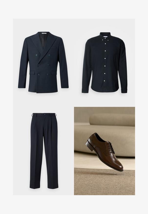 Marineblå dobbeltbrystet blazer i tekstureret stof med brede revers, fire blå knapper og to frontlommer med et subtilt ternet mønster.; Sort langærmet skjorte med knapper i bomuld, med spids krave, hvide knapper og en lige kant med knappede manchetter.; Marineblå skræddersyede bukser med knap- og lynlåslukning foran, bæltestropper og sidelommer, vist på en hvid baggrund.; Brun lædersko med tekstureret sidepanel og sorte snørebånd, svævende over et beige tæppe og sofa baggrund.