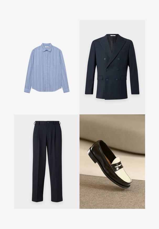 Marineblauer doppelreihiger Blazer aus strukturiertem Stoff, mit breiten Revers, vier blauen Knöpfen und zwei vorderen Taschen mit einem dezenten Karomuster.; Langarm-Hemd in Hellblau mit vertikalen Streifen. Verfügt über einen spitzen Kragen und eine Brusttasche. Hergestellt aus einem glatten Stoff.; Marineblaue, maßgeschneiderte Hose mit Knopf- und Reißverschluss vorne, Gürtelschlaufen und Seitentaschen, gezeigt auf weißem Hintergrund.; Schwarze Lederloafer mit einem cremefarbenen Schaft und schwarzen Akzentstreifen, ausgestattet mit einem niedrigen Absatz und detaillierter Naht entlang der Kanten.