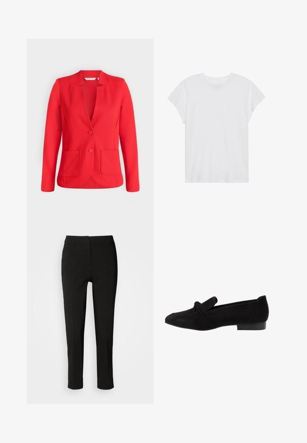 Rød, skreddersydd blazer med to knapper, lange ermer, hakket krage og to frontlommer på en ensfarget bakgrunn.; Hvit t-skjorte med korte ermer og rund hals, avslappet passform, laget av myk bomull. Glatt tekstur, uten mønstre eller logoer.; Sorte skreddersydde bukser med smal passform, flat front og ingen synlige lommer, med en glatt tekstur og en ren finish ved kanten.; Svarte semskede leilighetssko med en knyttet detalj ved tåen, glatt tekstur, spiss form og en lav, rektangulær hæl.