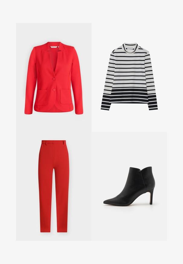 Blazer rouge cintré avec deux boutons, manches longues, col à encoche et deux poches plaquées devant sur fond uni.; T-shirt à manches longues en coton, présentant des rayures horizontales noires et blanches, un col montant haut et une coupe décontractée avec des fentes sur les côtés.; Pantalon rouge sur mesure avec une texture lisse, coupe droite, passants pour ceinture et poches avant. Présente un design épuré et minimaliste.; Bottines en cuir noir avec un bout pointu, un design effilé et un talon aiguille, présentant une ouverture en forme de coquille unique au niveau de la cheville.