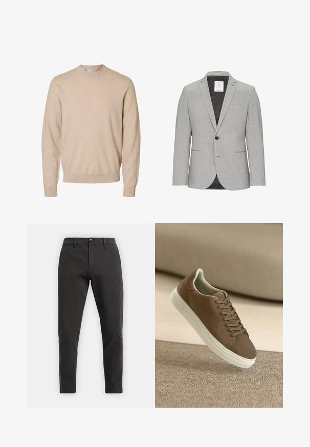 Hellgrauer Blazer aus strukturiertem Stoff mit einem Knopfverschluss, Reverskragen, zwei Vorderaschen und einem glatten schwarzen Futter.; Beiger Langarmpullover mit Rundhalsausschnitt aus weichem Strickstoff, mit gerippten Bündchen und Saum, für Herren entworfen.; Schwarze Baumwoll-Chinohosen mit schlanker Passform, ausgestattet mit einem Reißverschluss, Knopfverschluss und vier Taschen. Glatte Textur, minimalistische Details.; Braune Wildleder-Sneaker mit glatter Oberfläche, Schnürdesign und weißer Gummisohle. Verfügt über eine abgerundete Zehenpartie und eine stromlinienförmige Form.