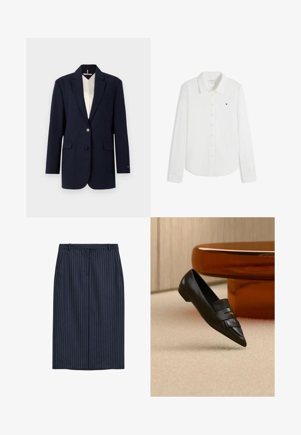 Blazer navy avec deux boutons, revers crantés et poches à rabat à l'avant. Doté d'une doublure intérieure contrastante en crème. Coupe ajustée et texture lisse.; Chemise blanche à manches longues avec boutons, col et petit logo Tommy Hilfiger sur le côté gauche de la poitrine.; Jupe crayon bleu marine à rayures, coupe droite, poches avant, taille, et texture lisse. Sans fermetures ni attaches visibles.; Mocassin en cuir noir à bout pointu avec détail de franges, positionné sur un tapis beige près d'une table ronde en verre orange.