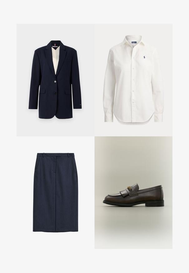 Blazer marinero con dos botones, solapas con muesca y bolsillos delanteros con solapa. Presenta un forro interior en color crema que contrasta. Corte ajustado y textura suave.; Camisa blanca de manga larga con botones, cuello y pequeño logo azul de jugador de polo en el pecho izquierdo.; Falda lápiz de rayas marineras con corte recto, bolsillos frontales, cinturilla y una textura suave. Sin cierres ni aberturas visibles.; Mocasín de cuero marrón oscuro con detalle de flecos y hebilla dorada en suela negra, mostrado de lado sobre un fondo neutro.