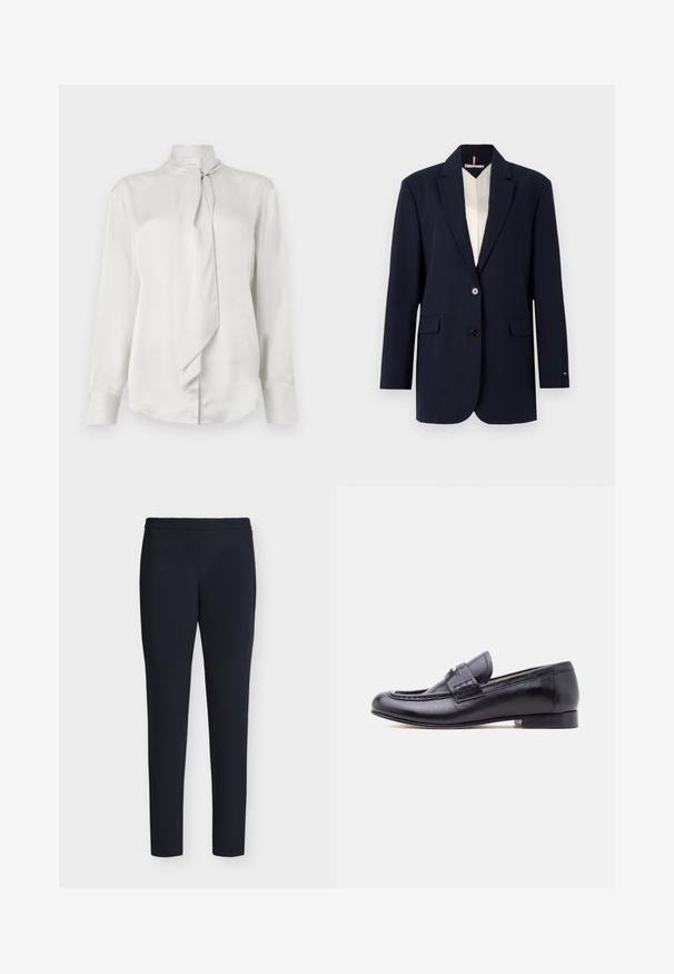 Blazer marinero con dos botones, solapas con muesca y bolsillos delanteros con solapa. Presenta un forro interior en color crema que contrasta. Corte ajustado y textura suave.; Blusa blanca de manga larga con cuello alto y detalle de bufanda atada en la parte delantera, hecha de una suave tela similar al satén.; Pantalones negros ajustados hasta el tobillo con cintura cosida y sin bolsillos visibles, mostrados sobre un fondo claro y sencillo.; Mocasín de cuero negro para hombre con tacón bajo y una correa decorativa sobre el empeine, mostrado en perfil lateral sobre un fondo liso.