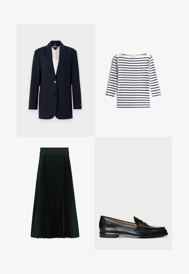Marineblazer med to knapper, notch-lapel og forlommer. Har et kontrasterende indre foret i creme. Skræddersyet pasform og glat tekstur.; Hvid langærmet skjorte med mørkeblå vandrette striber og et lille rødt, hvidt og blåt logo på venstre bryst.; Mørkegrøn plisseret midi-nederdel med bred talje, designet til en flydende og struktureret pasform.; Lauren Ralph Lauren WYNNIE - Loafers - black