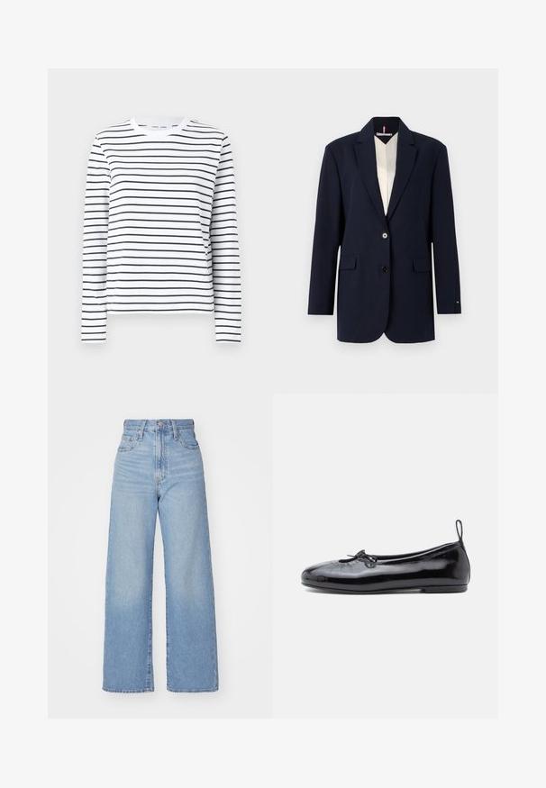 Blazer navy avec deux boutons, revers crantés et poches à rabat à l'avant. Doté d'une doublure intérieure contrastante en crème. Coupe ajustée et texture lisse.; Chemise à manches longues en coton blanc avec des rayures horizontales noires. Présente un col rond et une coupe décontractée. Pas d'accents ou de motifs notables.; Jean large taille haute bleu clair avec bouton et fermeture éclair à l'avant, poches avant et arrière, sur fond blanc.; Ballerine en cuir verni noir avec un bout rond, un petit nœud décoratif et une texture lisse ; présente une semelle plate basse et une languette au talon.