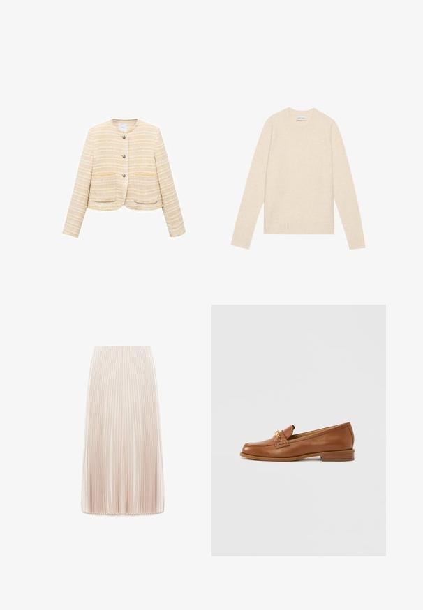 Lys gul cropped jakke med vandrette striber, rund halsudskæring, frontlukning med knapper og to påsyede lommer. Tekstureret stof.; Lys beige uldtrøje med rund hals, lange ærmer og ribstrikkede manchetter og kant. Blød tekstur, minimalistisk design, ingen synlige mønstre eller accenter.; Plisseret midi nederdel i en lys beige farve, fremstillet af et glat stof, med smalle lodrette plisser og en elastisk talje.; Brun læderloafer med rundet tå, dekorativ strop og lille hæl. Glat tekstur, subtile syningsdetaljer og guldfarvede metalbeslag.