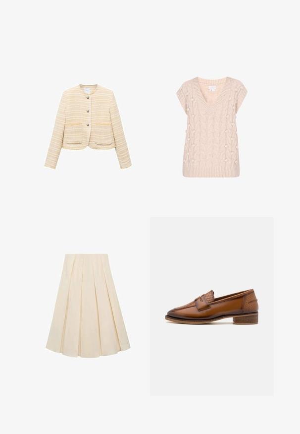 Lichtgele cropped jacket met horizontale strepen, ronde halslijn, sluiting met knopen aan de voorkant en twee opgestikte zakken. Gelaagde stof.; Gebreide vest in lichtbeige met een V-hals en korte mouwen. Heeft een kabelbreipatroon en pompon-accenten aan de zijkanten.; Plisseerok van crèmekleurige stof; heeft een zachte textuur, een middellange ontwerp en symmetrische plooien die zich uitstrekken van de tailleband tot de zoom.; Bruine leren loafers met een gewoven voorpaneel, ronde neus en lage, gestapelde hak. Glad oppervlak met subtiele stiksels.