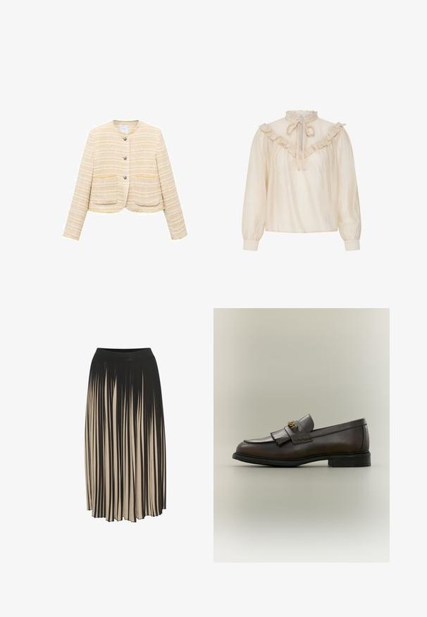 Lichtgele cropped jacket met horizontale strepen, ronde halslijn, sluiting met knopen aan de voorkant en twee opgestikte zakken. Gelaagde stof.; Crèmekleurige blouse met lange mouwen, geplooide kraag, geplooide details op de borst en manchetten met knoopsluiting.; Plissé midi rok in zwart en beige met een hoge elastische tailleband, voorzien van verticale strepen en een vloeiende stijl voor beweging.; Donkerbruine leren loafer met franjes en gouden gesp op zwarte zool, gezien van opzij tegen een neutrale achtergrond.