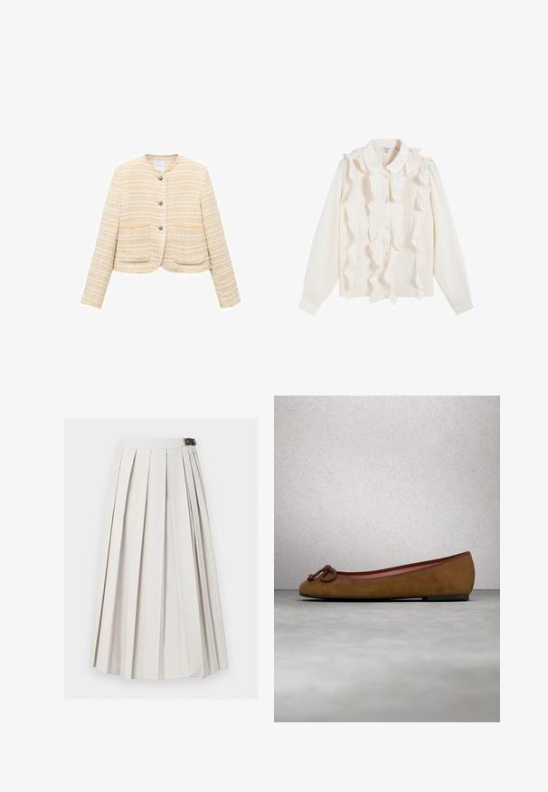 Lichtgele cropped jacket met horizontale strepen, ronde halslijn, sluiting met knopen aan de voorkant en twee opgestikte zakken. Gelaagde stof.; Witte blouse met lange mouwen, knopen aan de voorkant, puntige kraag en verticale ruches langs het knooplijstje en de schouders.; Lange witte geplooide rok met een zij gesp sluiting, plat weergegeven tegen een witte achtergrond.; Bruine suède ballerina met een ronde neus, voorzien van een geknoopte detail aan de voorkant, dunne rode bies en een platte zwarte zool.