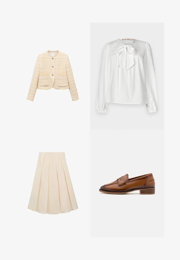 Lys gul cropped jakke med vandrette striber, rund halsudskæring, frontlukning med knapper og to påsyede lommer. Tekstureret stof.; Hvid bluse med rund halsudskæring, sløjfe ved kraven og smock-detaljer på skuldrene. Lange, samlede ærmer med elastiske manchetter.; Plisseret nederdel i cremefarvet stof; har en blød tekstur, mellemlang design og symmetriske plisseringer, der strækker sig fra taljen til kanten.; Brune læder loafers med en struktureret vævet frontpanel, rund tå og lav stablet hæl. Glat finish med diskret stikningsdetalje.