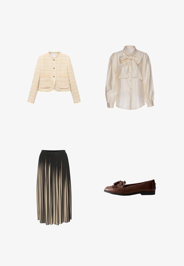 Lichtgele cropped jacket met horizontale strepen, ronde halslijn, sluiting met knopen aan de voorkant en twee opgestikte zakken. Gelaagde stof.; Crèmekleurige satijnen blouse met lange opgepofte mouwen, knoopsluiting aan de voorkant en een grote gestrikte strik bij de kraag.; Plissé midi rok in zwart en beige met een hoge elastische tailleband, voorzien van verticale strepen en een vloeiende stijl voor beweging.; Bruine leren loafer met een platte zool, gedetailleerd met een strik en kwastaccent aan de voorkant, met een gladde textuur en een slank ontwerp.