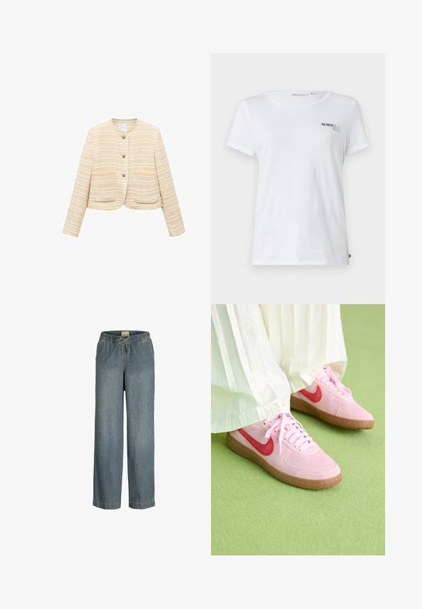 Lichtgele cropped jacket met horizontale strepen, ronde halslijn, sluiting met knopen aan de voorkant en twee opgestikte zakken. Gelaagde stof.; Witte katoenen t-shirt met korte mouwen, voorzien van "SUMMER CLUB" geborduurd in teal en groen op de linkerborst. Klassieke ronde halslijn.; Lichtblauwe denimbroek met een wijde pijpdesign, elastische tailleband en trekkoord. Bevat standaardstiksel en geen zichtbare zakken.; Roze suède sportschoenen met een rood logo en bijpassende veters. De zool is van lichtbruin rubber. Draag ze met witte geplooide broeken op een groene ondergrond.