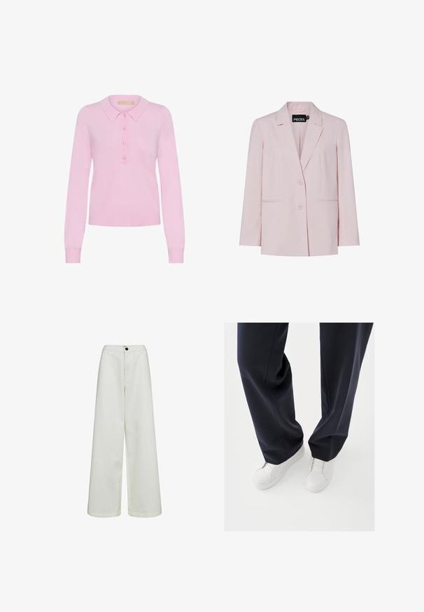 Blazer rosa claro para mujer con solapas con muesca, dos botones y bolsillos con aberturas, etiquetado como "PIECES" en el interior del cuello.; Suéter de polo de manga larga tejido en rosa con cuello, que presenta una tapeta de cinco botones y un dobladillo acanalado. Textura suave, diseño ajustado.; Pantalones blancos de talle alto y pierna ancha con sutiles rayas verticales, botón delantero, cierre de cremallera y trabillas para cinturón.; Zapatillas blancas con suelas de goma texturizadas y cordones planos, combinadas con pantalones azul marino oscuro que muestran una tela suelta, suave y un corte a medida.