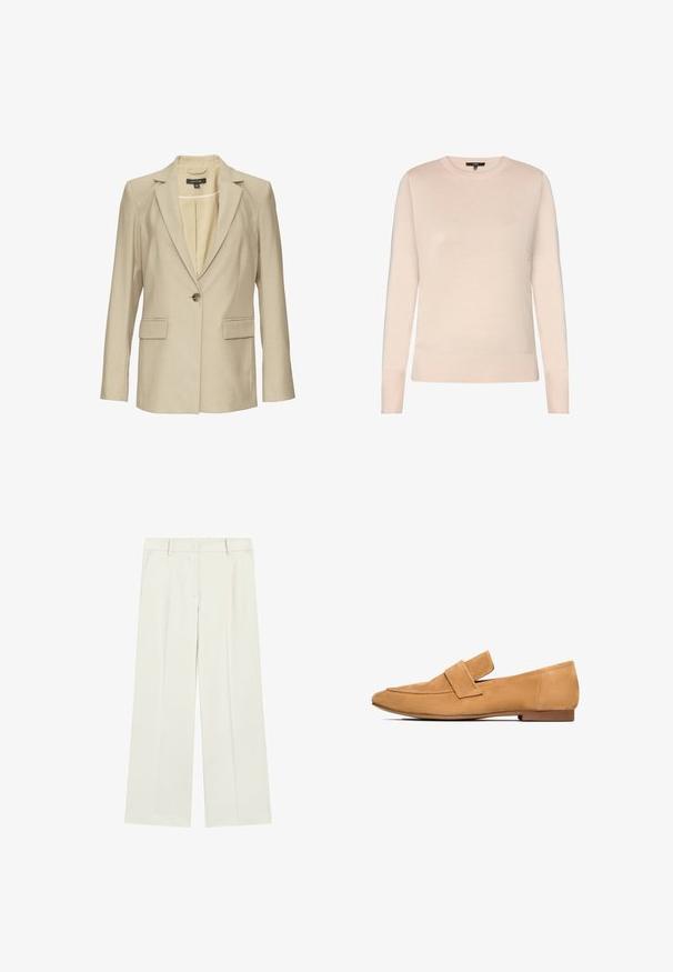 Beige blazer met één knoop, reverskraag, twee voorzakken met klep en een gladde voering.; Lichtbeige trui met lange mouwen en een ronde hals, met geribbelde manchetten en zoom, afgebeeld tegen een witte achtergrond.; Witte op maat gemaakte rechte broek met riemlussen en zijzakken op een effen achtergrond.; Lichtbruine suède platte loafer met lage hak en een brede band over de bovenkant, zijaanzicht op een witte achtergrond.
