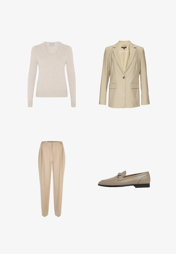 Beige Blazer aus strukturiertem Stoff, mit Reverskragen, einreihiger Knopfschluss und zwei Vorderseiten-Taschen. Futter sichtbar.; Beiger V-Ausschnitt-Pullover aus weichem Material, mit langen Ärmeln, taillierter Silhouette und geripptem Saum. Keine Muster oder sichtbare Hardware.; Beige maßgeschneiderte gerade Hosen mit Gürtelschlaufen, Reißverschluss vorne und seitlichen Taschen, vor einem weißen Hintergrund präsentiert.; Beiger Lederloafer mit silberfarbenem Akzent, runder Spitze und flacher Sohle. Elegantes Design mit Stickdetails.