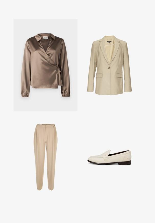 Blazer beige en tissu texturé, avec un col cranté, une fermeture à un bouton et deux poches à l'avant. Doublure intérieure visible.; Blouse en satin marron à manches longues, col et détail de nouage sur le côté. Texture lisse avec une légère brillance, dotée d'un décolleté en V.; Pantalons beiges ajustés à jambe droite avec passants de ceinture, zip frontal et poches latérales, présentés sur un fond blanc.; Mocassin en cuir blanc à enfiler avec semelle foncée, détails de couture et une bride sur le dessus, sur un fond uni.