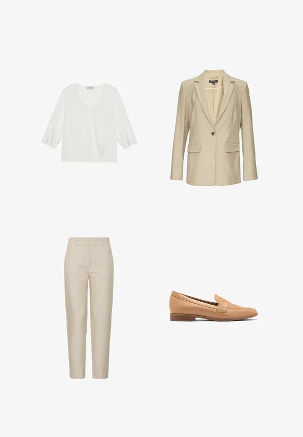 Beige blazer gemaakt van textiel met textuur, voorzien van een reverskraag, sluiting met één knoop en twee voorzakken. Voering aan de binnenkant zichtbaar.; Witte blouse met lange mouwen, een diepe V-hals, zacht satijnachtig materiaal en gathered manchetten voor een relaxed fit.; Beige broek van lichtgewicht stof, met een taps toelopend ontwerp, vlakke voorkant en zijzakken; gladde textuur met subtiele strepen.; Tan leren loafers met een gladde textuur, ronde neus en een kleine, gestapelde hak. Kenmerkt zich door een gestikte accent op de bovenkant.