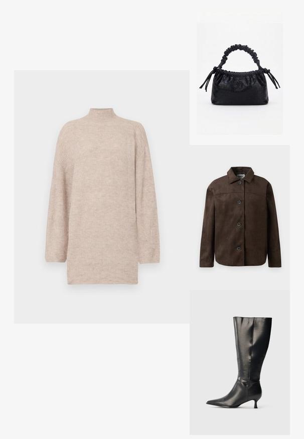 Veste en daim synthétique marron avec col, six boutons noirs et coupe droite. Présente une texture lisse et un design minimaliste.; Pull col montant beige avec des épaules tombantes, fabriqué en maille côtelée. Coupe décontractée avec des manches longues et une texture lisse.; Botte en cuir noire montant jusqu'au genou, avec un bout pointu et un petit talon bas, présentée sur un fond clair uni.; Sac à main noir avec texture crocodile, bord supérieur froncé, poignée plissée et pompons à cordon de chaque côté sur fond blanc.