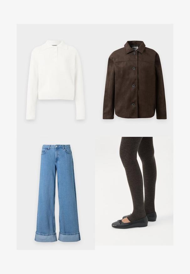 Veste en daim synthétique marron avec col, six boutons noirs et coupe droite. Présente une texture lisse et un design minimaliste.; Pull en maille côtelée blanc à manches longues avec col et patte de boutonnage à trois boutons, présentant un design court et une texture douce.; Jean en denim bleu clair à jambes larges avec une taille haute, des poignets roulés, un design à cinq poches et une fermeture à bouton avec un zip.; Jambes portant des leggings côtelés foncés associés à des ballerines noires avec de petits détails en nœud sur fond blanc.