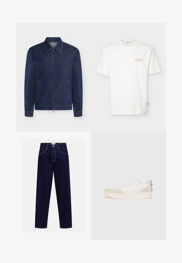 Veste en denim bleu foncé avec fermeture éclair à l'avant, col, manches longues, deux poches latérales verticales et détails visibles des coutures.; T-shirt blanc à manches courtes et col rond avec un petit texte rouge "Marc O’Polo Denim" sur la partie supérieure gauche de la poitrine.; Jean droit bleu foncé avec poches avant, fermeture à bouton et coutures blanches visibles sur un fond uni.; Sneaker blanche avec des accents en suède beige, lacets plats et semelle en caoutchouc texturé. Inclut un détail de boucle verte au niveau du talon.
