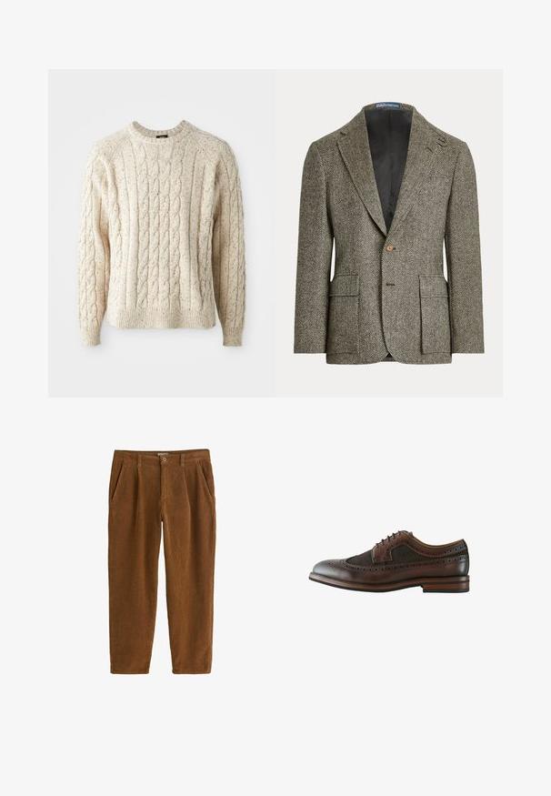 Braun-weiß gemusterter Herrenblazer mit Fischgrätmuster, mit Kerbkragen, Ein-Knopf-Verschluss und vorderen Klappentaschen.; Cremfarbener Kabelstrickpullover mit Rundhalsausschnitt, strukturiertem Muster und gerippten Bündchen und Saum. Hergestellt aus weicher, dicker Wolle.; Braune Corduroyhosen mit geradem Schnitt, ausgestattet mit vorderen Falten, schrägen Taschen und einem einzelnen Knopfverschluss an der Taille.; Dunkelbrauner Leder-Wingtip-Brogue-Schuh mit dekorativen Perforationen, Schnürverschluss und Holzsohle mit mehrlagigem Absatz.