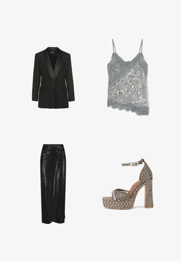 Blazer structuré noir avec des revers en satin. Présente de petits détails scintillants sur l'ensemble et deux poches avant. Fermeture à un seul bouton.; Caraco en dentelle grise avec sequins argentés, présentant de fines bretelles réglables et des bords en dentelle festonnés.; Jupe portefeuille noire à sequins avec un fini texturé, de longueur genou, et un détail noué à la taille. Surface lisse et réfléchissante.; Sandale à plateforme à talon haut avec bride à la cheville, couverte de strass multicolores, avec bout ouvert et talon épais.