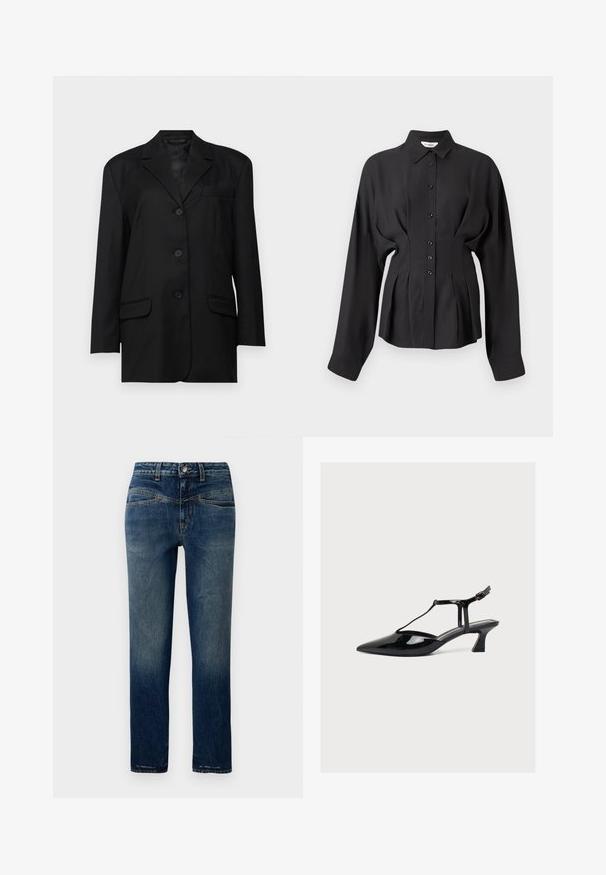 Sort blazer med spidse klapper, enkeltknaps lukning, to frontlommer og en brystlomme; lavet af glat stof med en struktureret form.; Sort langærmet skjorte i et glat stof, med knaplukning foran, buet kant og rynkede detaljer i taljen for en skræddersyet pasform.; Mørkeblå denim jeans med lige snit, der har lys fading, orange syninger og en knaplukning i taljen.; Sort laklæder sko med lav hæl, spids tå, T-rem og spænde lukning på lys neutral baggrund.